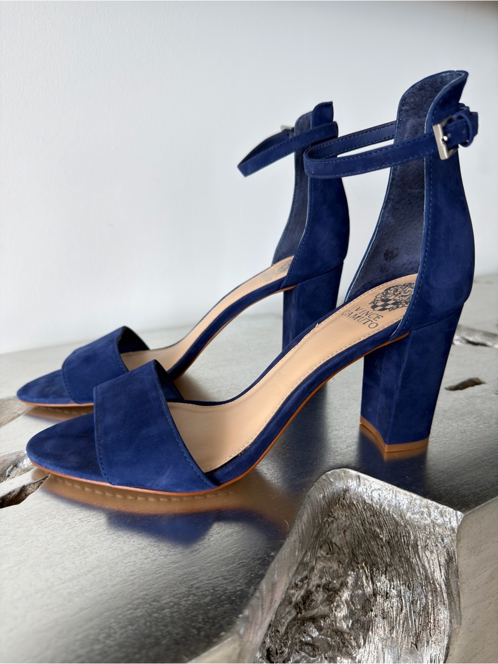 Vince Camuto “Corlina” Navy Suede Block Heel Sandals with Ankle Strap | Like New